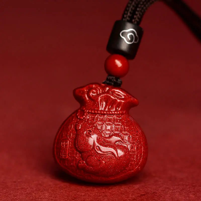 Buddha Stones Chinese Zodiac Money Bag Shape Cinnabar Calm Necklace Pendant BS