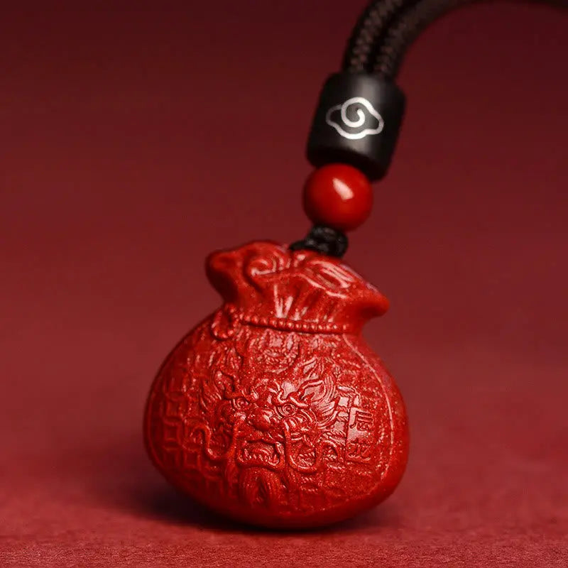 Buddha Stones Chinese Zodiac Money Bag Shape Cinnabar Calm Necklace Pendant BS