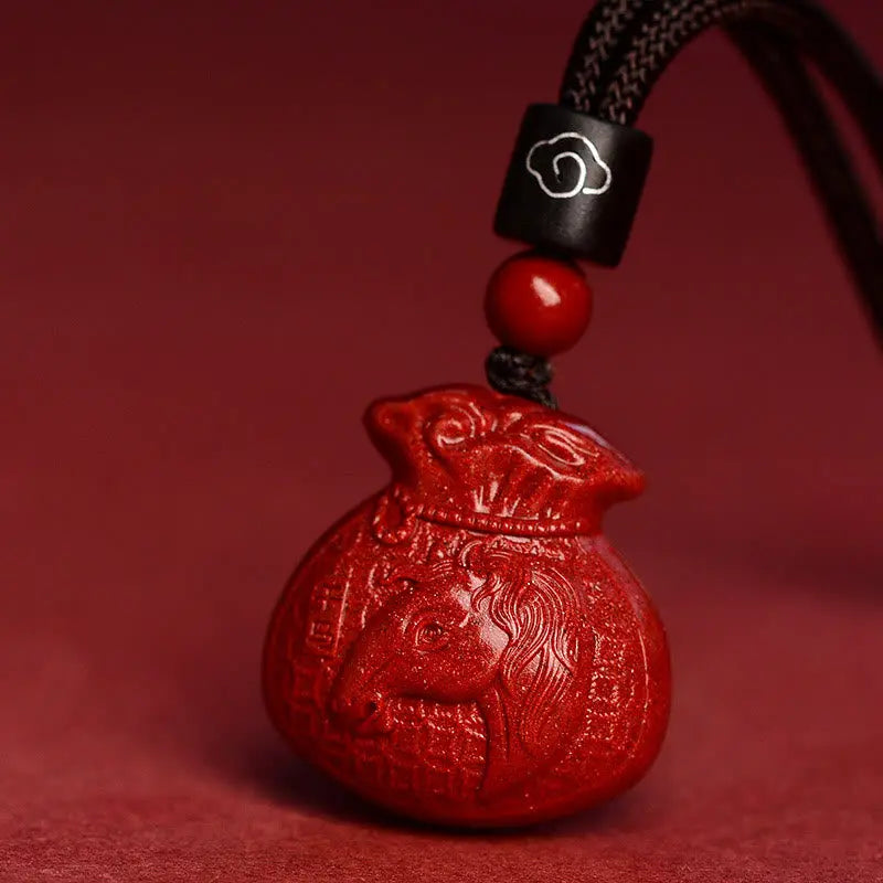 Buddha Stones Chinese Zodiac Money Bag Shape Cinnabar Calm Necklace Pendant BS