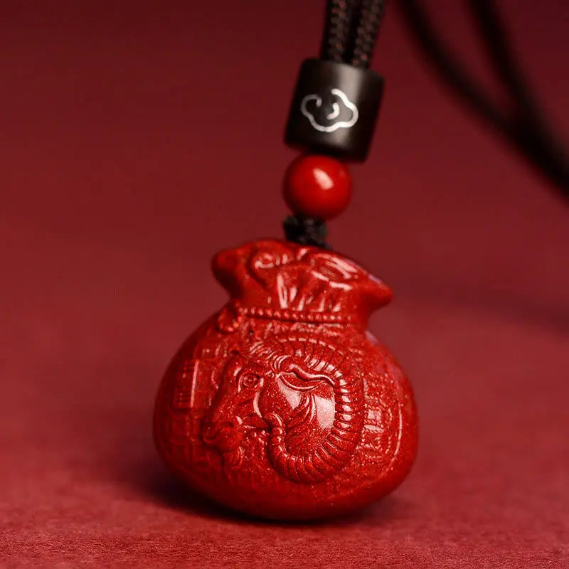 Buddha Stones Chinese Zodiac Money Bag Shape Cinnabar Calm Necklace Pendant BS