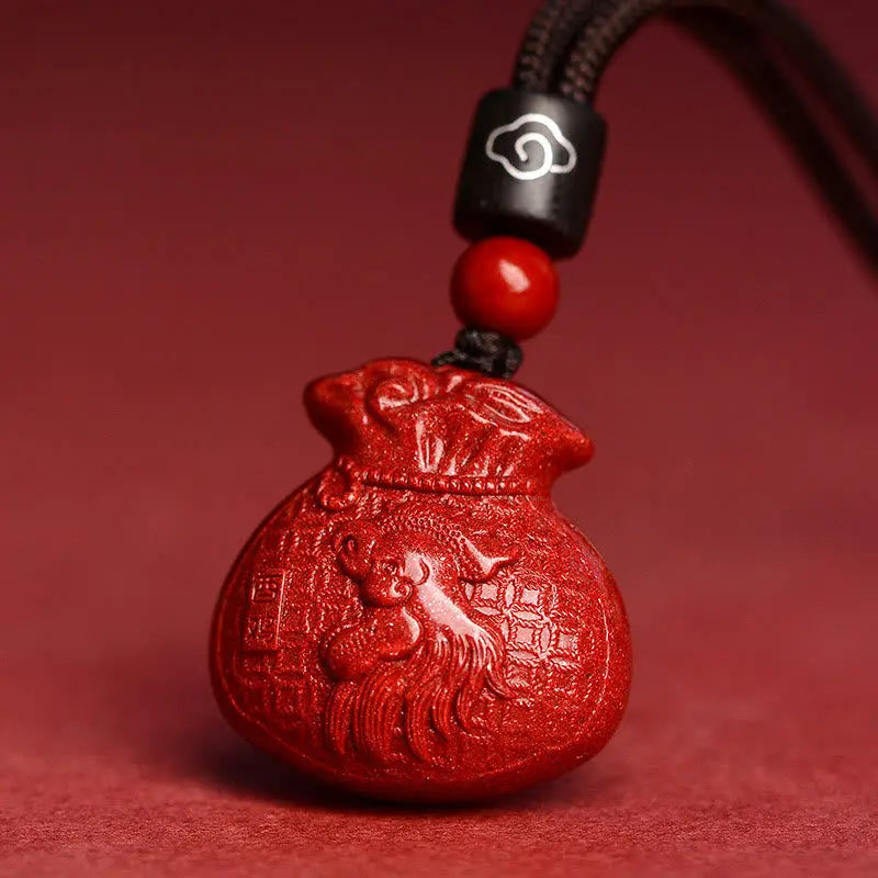 Buddha Stones Chinese Zodiac Money Bag Shape Cinnabar Calm Necklace Pendant BS