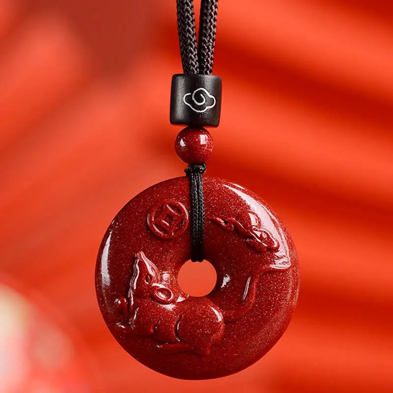 Buddha Stones Chinese Zodiac Cinnabar Peace Buckle Calm Necklace Pendant BS