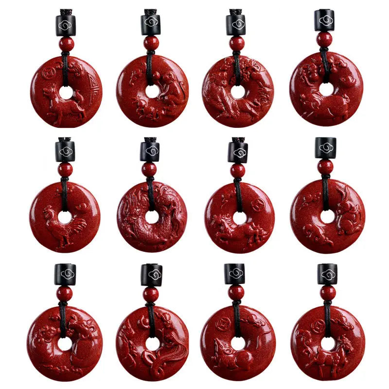 Buddha Stones Chinese Zodiac Cinnabar Peace Buckle Calm Necklace Pendant BS