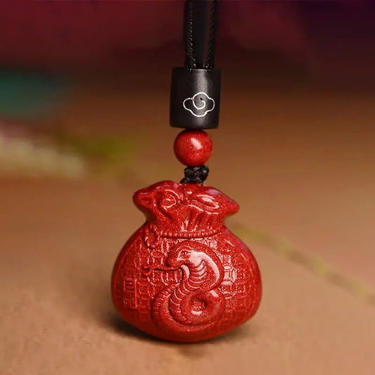 Buddha Stones Chinese Zodiac Money Bag Shape Cinnabar Calm Necklace Pendant BS