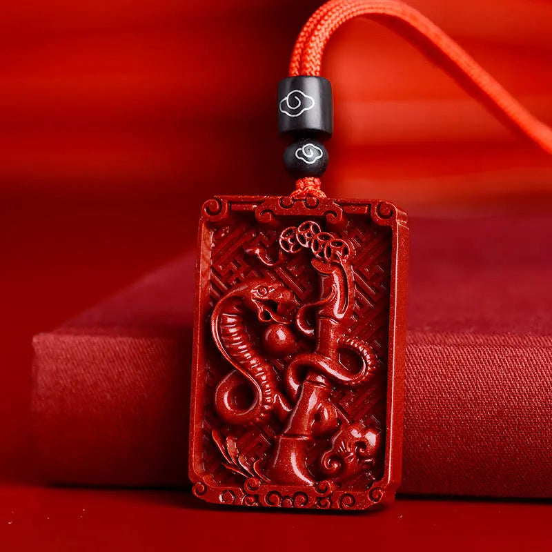 Buddha Stones Chinese Zodiac Cinnabar Rectangle Calm Necklace Pendant BS