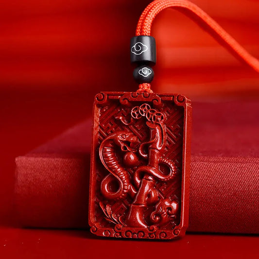 Buddha Stones Chinese Zodiac Cinnabar Rectangle Calm Necklace Pendant BS