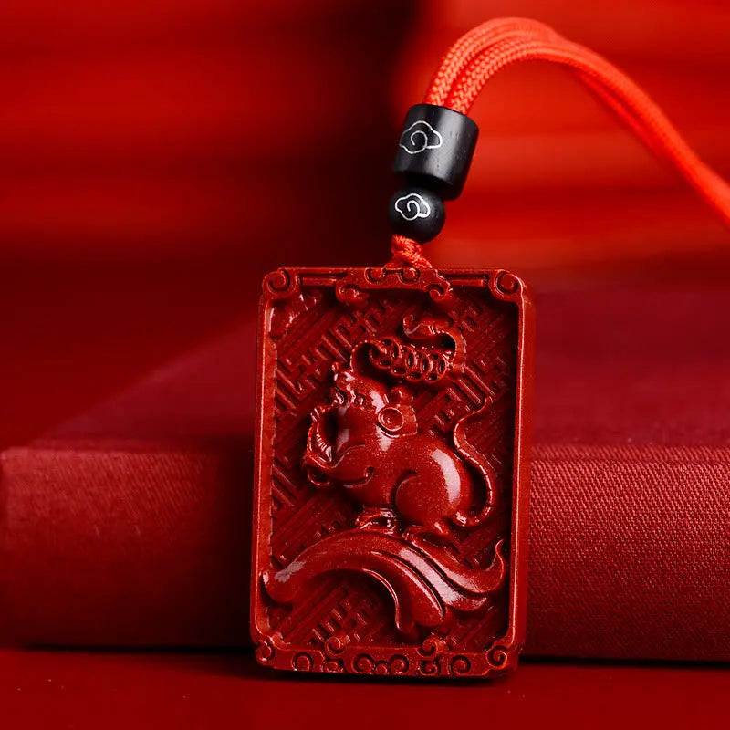 Buddha Stones Chinese Zodiac Cinnabar Rectangle Calm Necklace Pendant BS