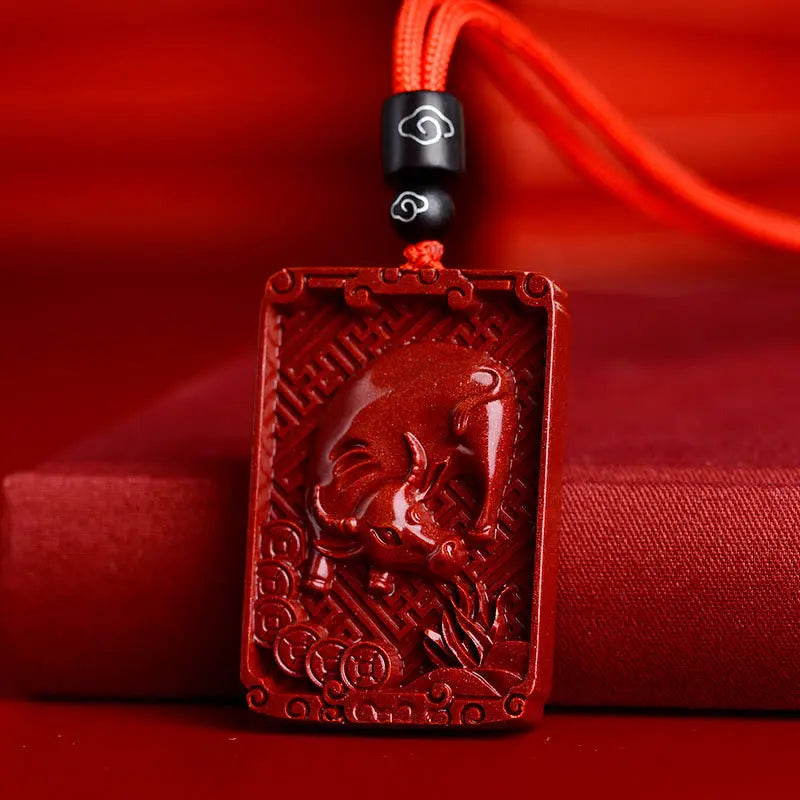 Buddha Stones Chinese Zodiac Cinnabar Rectangle Calm Necklace Pendant BS