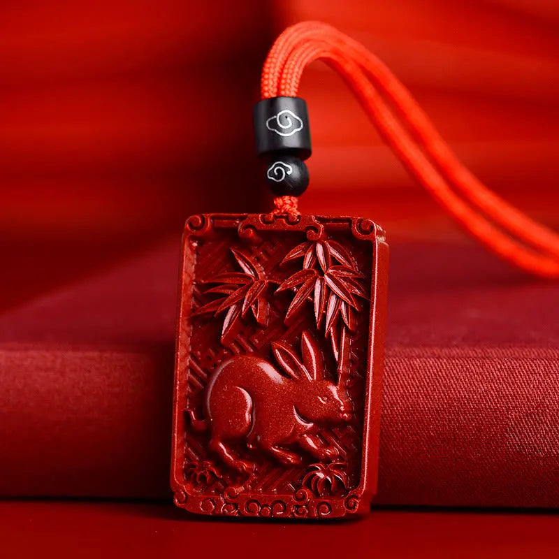Buddha Stones Chinese Zodiac Cinnabar Rectangle Calm Necklace Pendant BS