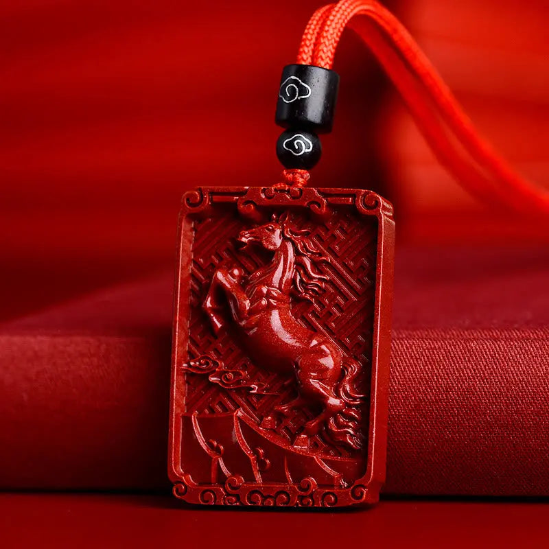 Buddha Stones Chinese Zodiac Cinnabar Rectangle Calm Necklace Pendant BS