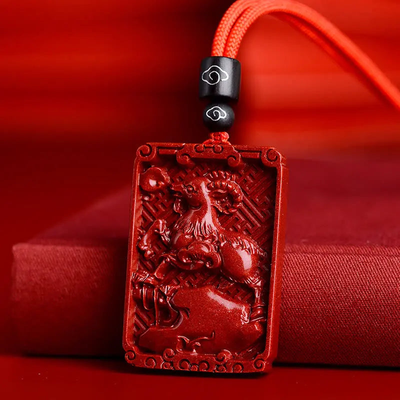 Buddha Stones Chinese Zodiac Cinnabar Rectangle Calm Necklace Pendant BS