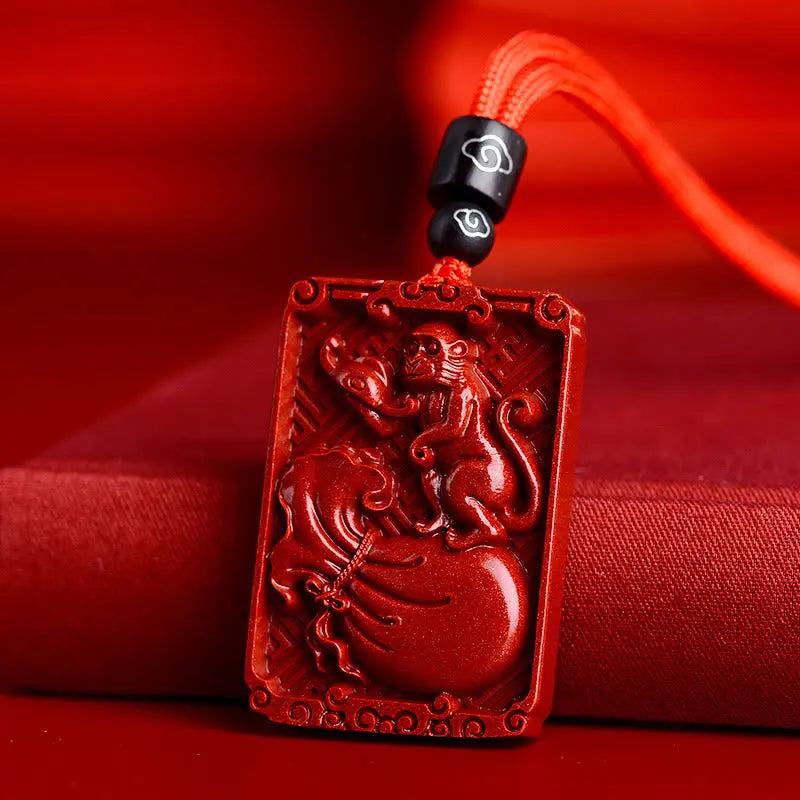 Buddha Stones Chinese Zodiac Cinnabar Rectangle Calm Necklace Pendant BS