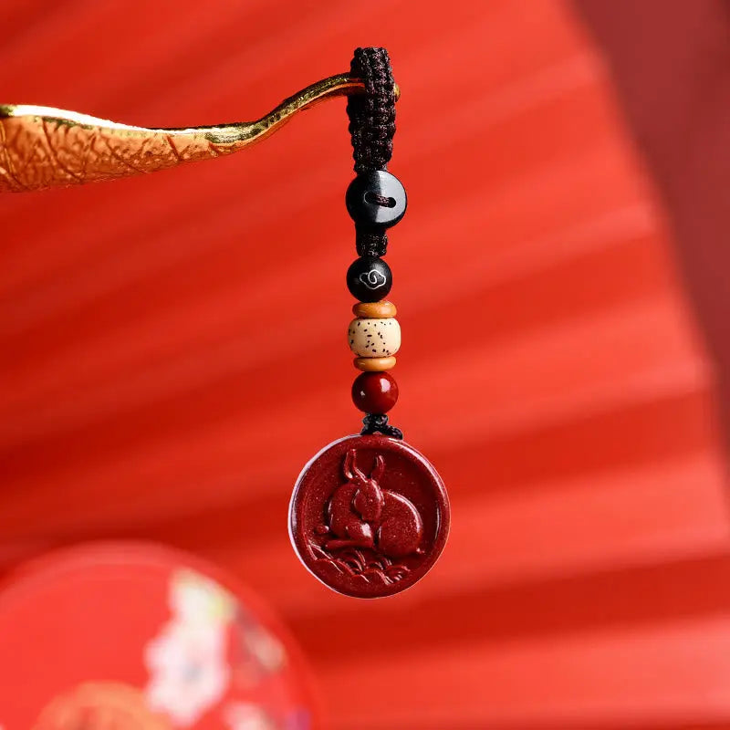 Buddha Stones Chinese Zodiac Cinnabar Calm Phone Hanging Decoration Key Chain Necklace Pendant BS
