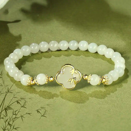 Buddha Stones Hetian Jade 925 Sterling Silver Four Leaf Clover Bamboo Luck Bracelet BS