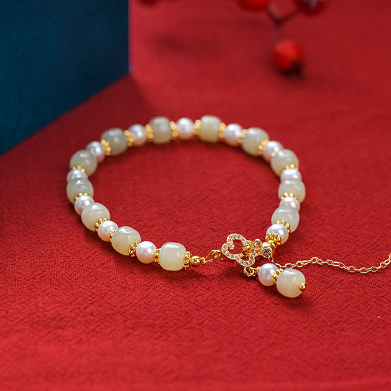 Buddha Stones Hetian Jade Pearl Alloy Four Leaf Clover Pendent Abundance Bracelet BS
