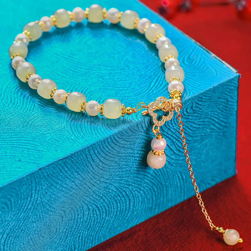 Buddha Stones Hetian Jade Pearl Alloy Four Leaf Clover Pendent Abundance Bracelet BS