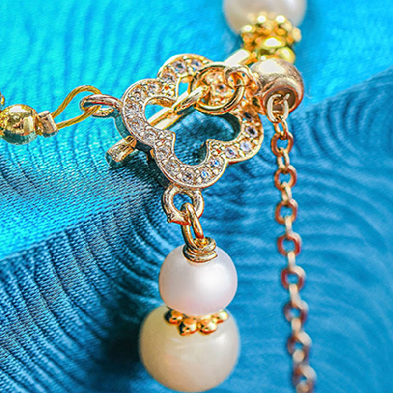 Buddha Stones Hetian Jade Pearl Alloy Four Leaf Clover Pendent Abundance Bracelet BS