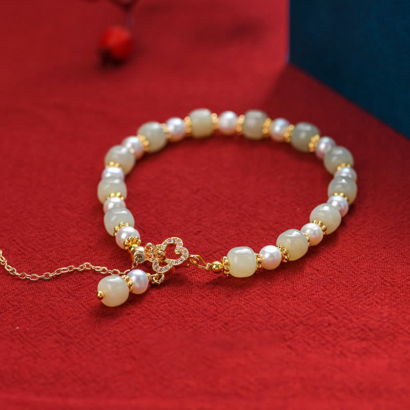 Buddha Stones Hetian Jade Pearl Alloy Four Leaf Clover Pendent Abundance Bracelet BS
