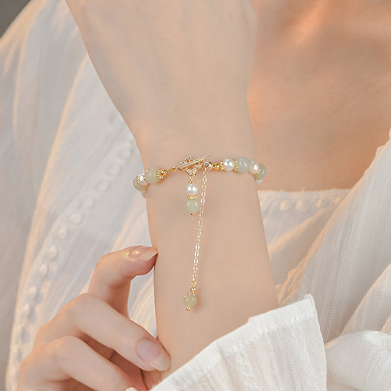 Buddha Stones Hetian Jade Pearl Alloy Four Leaf Clover Pendent Abundance Bracelet BS