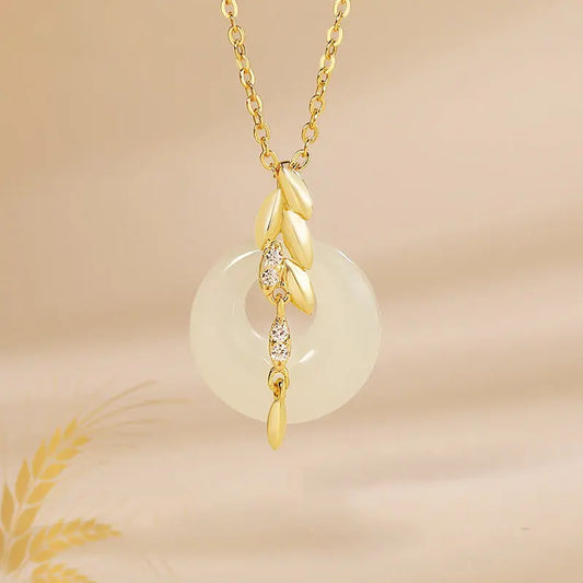 Buddha Stones Hetian Jade 925 Sterling Silver Wheat Luck Necklace Pendant BS