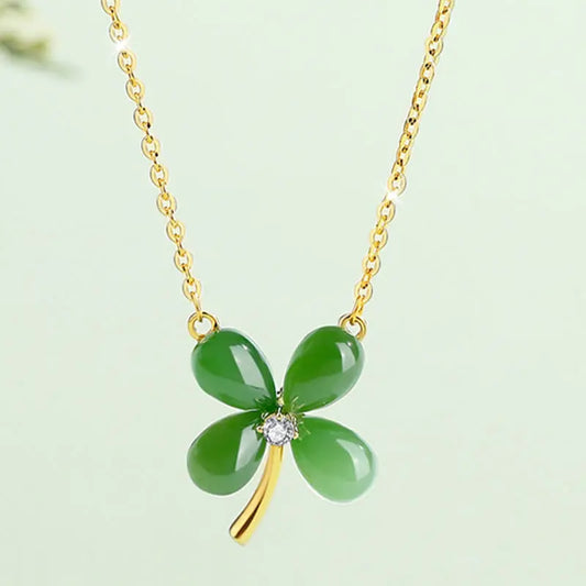 Buddha Stones Jade 925 Sterling Silver Four Leaf Clover Luck Necklace Pendant BS