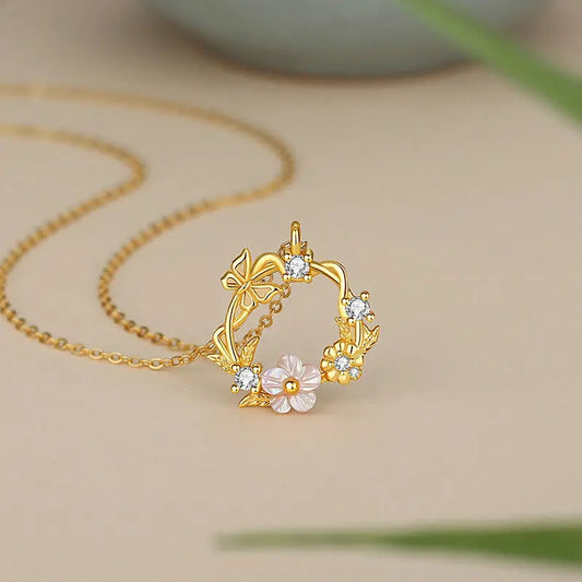 Buddha Stones 925 Sterling Silver Cubic Zirconia Shell Butterfly Peach Blossom Blessing Necklace Pendant BS