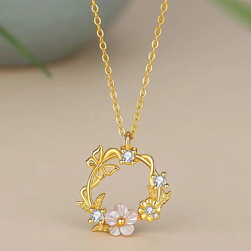 Buddha Stones 925 Sterling Silver Cubic Zirconia Shell Butterfly Peach Blossom Blessing Necklace Pendant BS