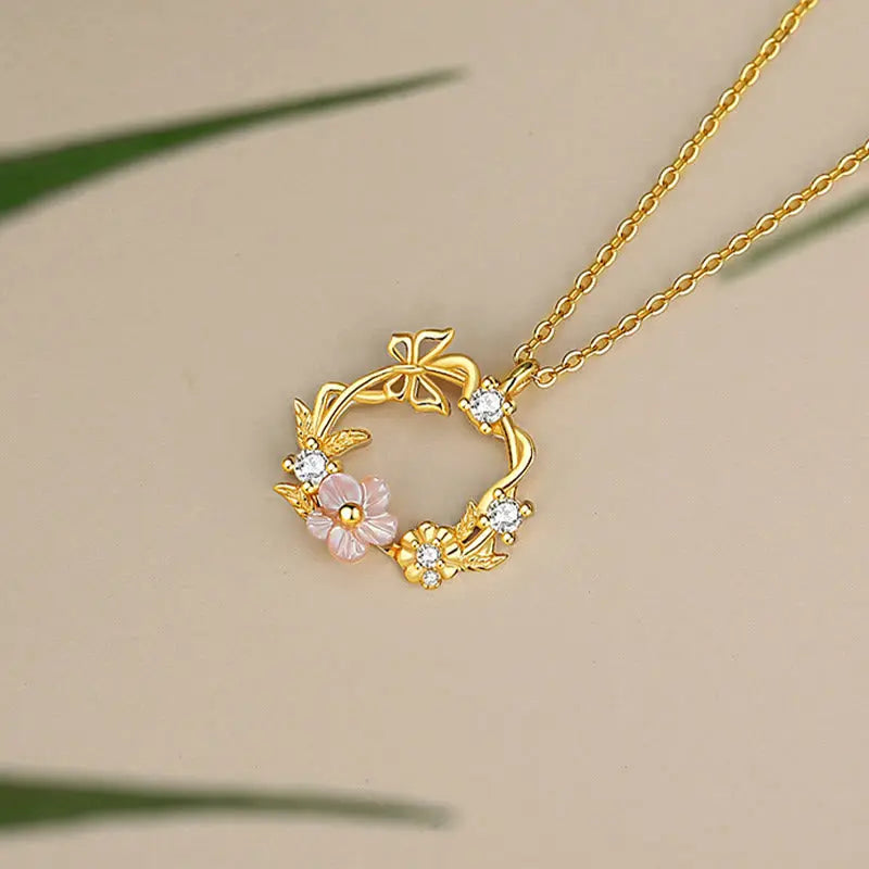 Buddha Stones 925 Sterling Silver Cubic Zirconia Shell Butterfly Peach Blossom Blessing Necklace Pendant BS