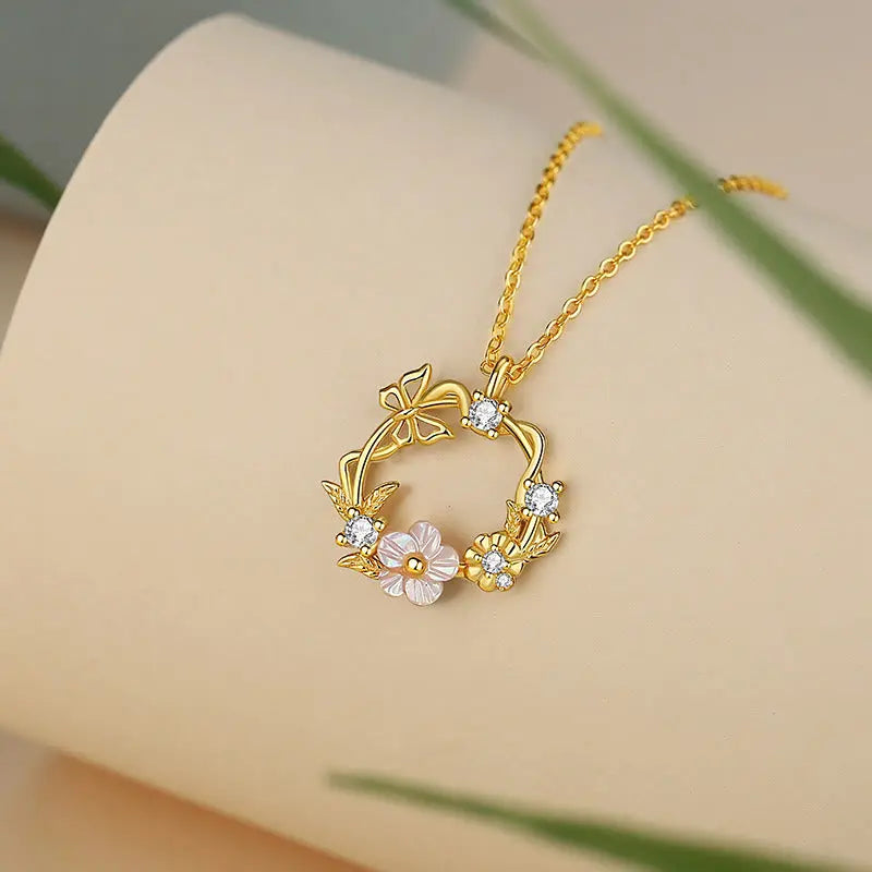 Buddha Stones 925 Sterling Silver Cubic Zirconia Shell Butterfly Peach Blossom Blessing Necklace Pendant BS