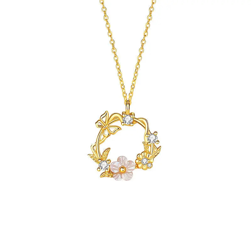Buddha Stones 925 Sterling Silver Cubic Zirconia Shell Butterfly Peach Blossom Blessing Necklace Pendant BS