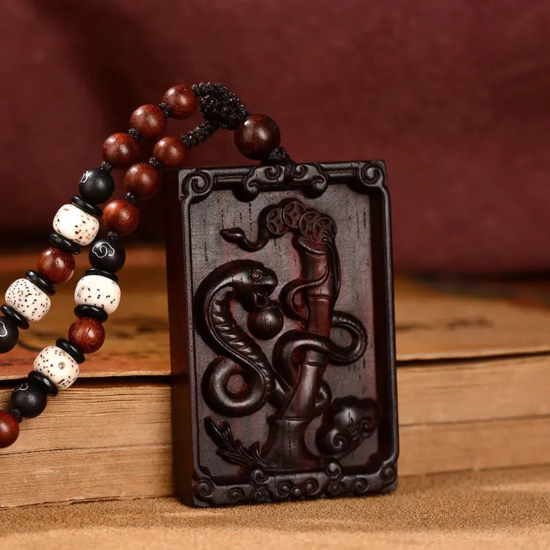 Buddha Stones Chinese Zodiac Small Leaf Red Sandalwood Calm Necklace Pendant BS