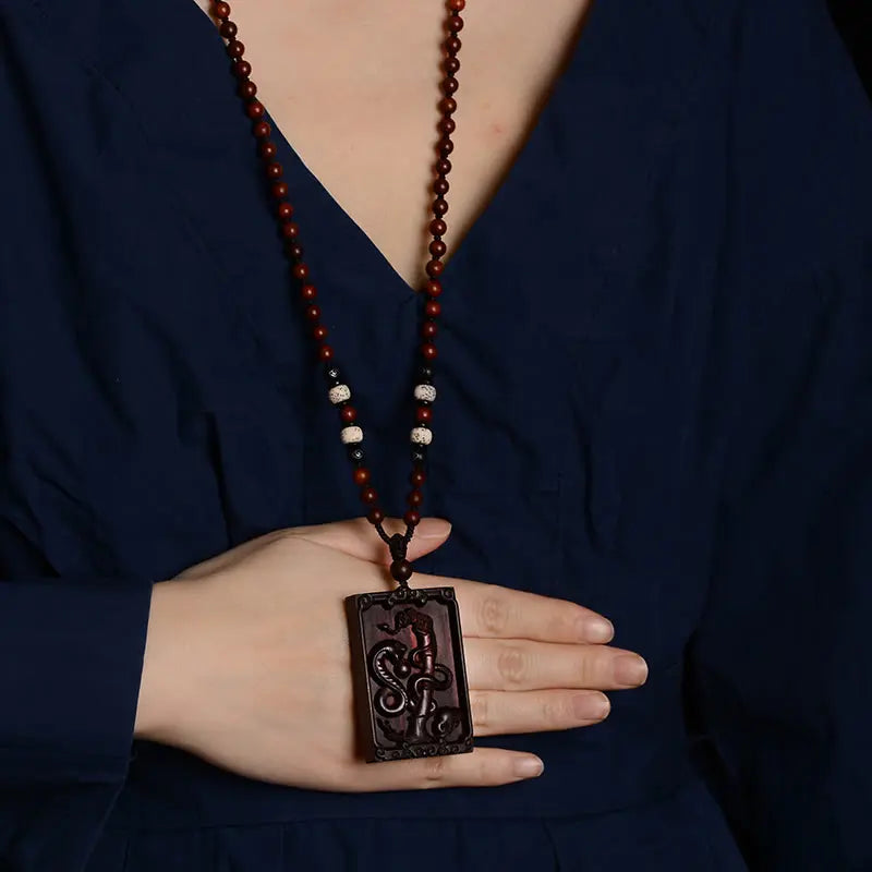 Buddha Stones Chinese Zodiac Small Leaf Red Sandalwood Calm Necklace Pendant BS