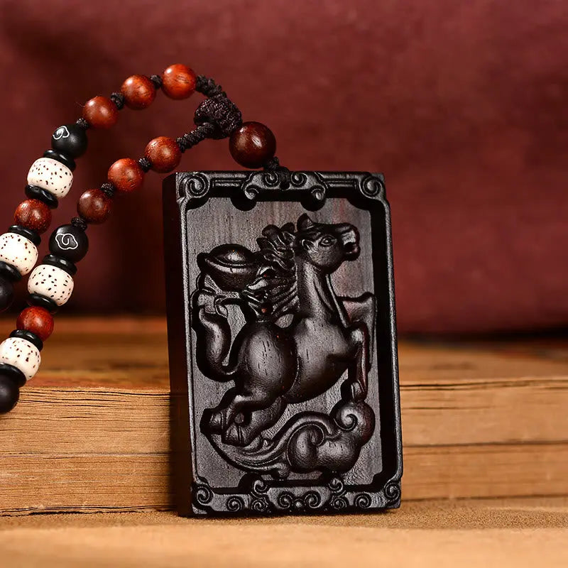 Buddha Stones Chinese Zodiac Small Leaf Red Sandalwood Calm Necklace Pendant BS