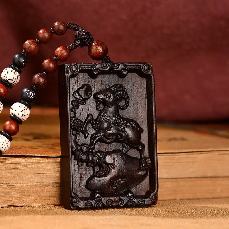 Buddha Stones Chinese Zodiac Small Leaf Red Sandalwood Calm Necklace Pendant BS