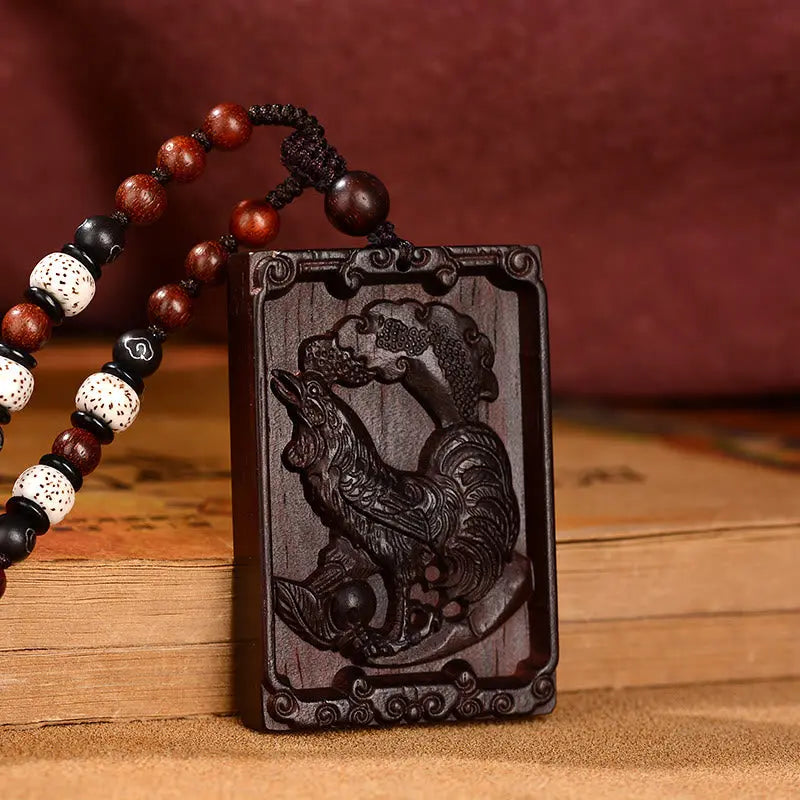 Buddha Stones Chinese Zodiac Small Leaf Red Sandalwood Calm Necklace Pendant BS