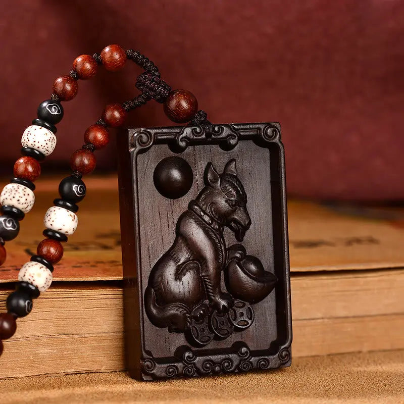 Buddha Stones Chinese Zodiac Small Leaf Red Sandalwood Calm Necklace Pendant BS