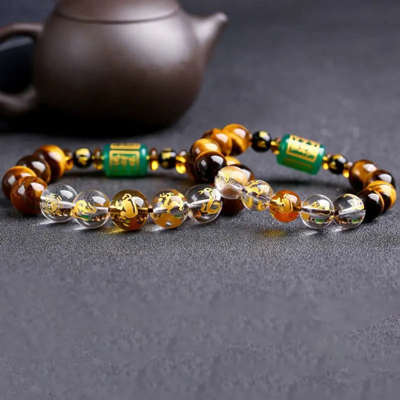 Buddha Stones Chinese Zodiac Tiger Eye White Crystal Courage Bracelet BS