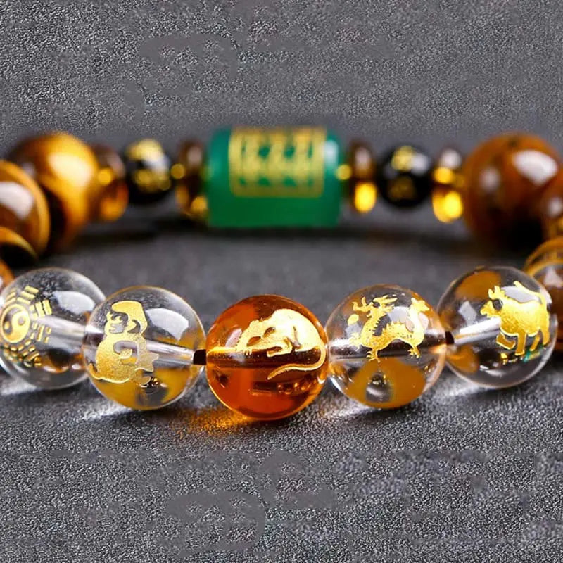 Buddha Stones Chinese Zodiac Tiger Eye White Crystal Courage Bracelet BS