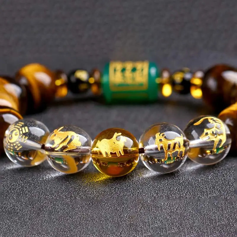 Buddha Stones Chinese Zodiac Tiger Eye White Crystal Courage Bracelet BS