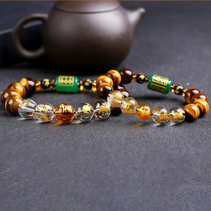 Buddha Stones Chinese Zodiac Tiger Eye White Crystal Courage Bracelet BS