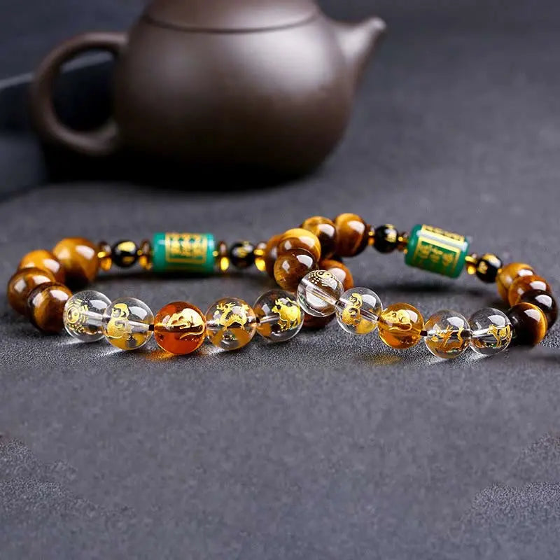 Buddha Stones Chinese Zodiac Tiger Eye White Crystal Courage Bracelet BS