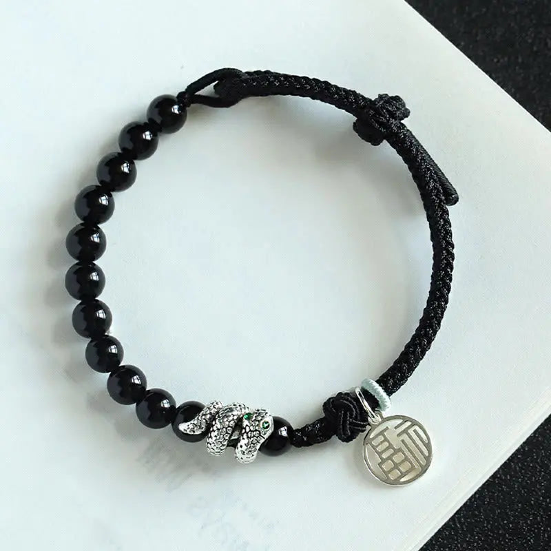 Buddha Stones Fu Character Red Agate Black Onyx Year Of The Snake Red String Luck Bracelet BS