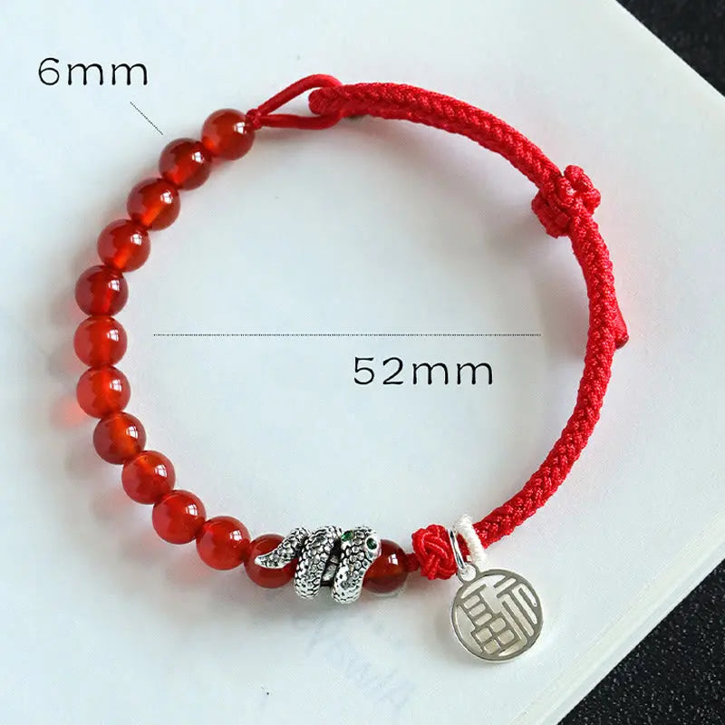 Buddha Stones Fu Character Red Agate Black Onyx Year Of The Snake Red String Luck Bracelet BS