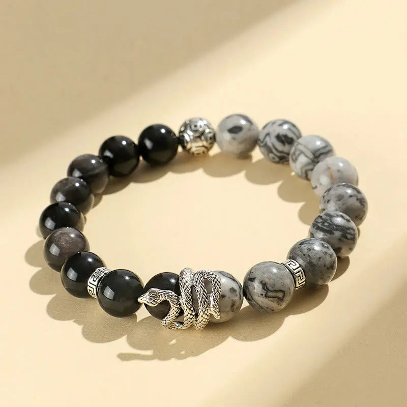 Wealth Protection Natural Silver Sheen Obsidian White Turquoise Grey Jasper Snowflake Obsidian Year Of The Snake Bracelet Starymagic