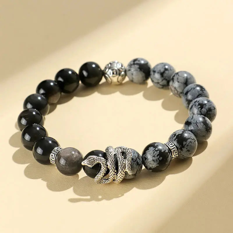 Wealth Protection Natural Silver Sheen Obsidian White Turquoise Grey Jasper Snowflake Obsidian Year Of The Snake Bracelet Starymagic