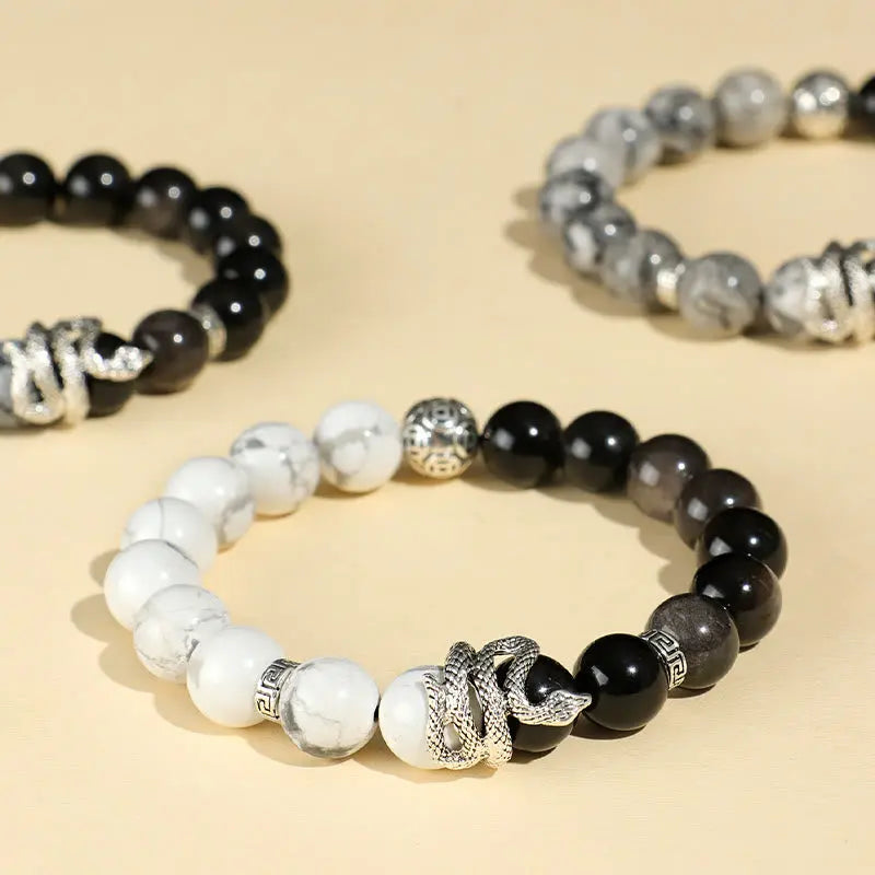 Wealth Protection Natural Silver Sheen Obsidian White Turquoise Grey Jasper Snowflake Obsidian Year Of The Snake Bracelet Starymagic