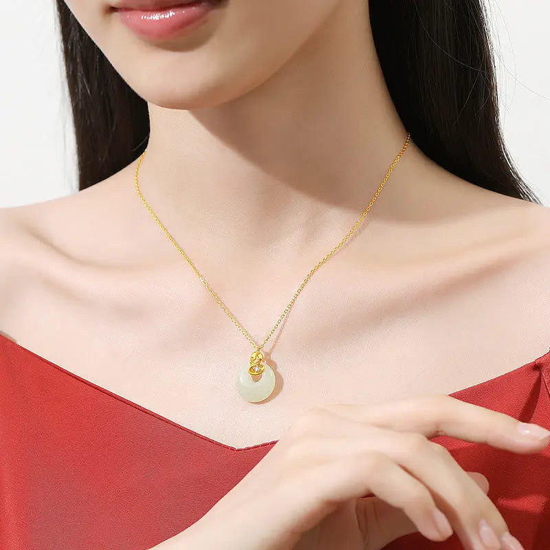 Buddha Stones 925 Sterling Silver Hetian Jade Year Of The Snake Peace Buckle Blessing Necklace Pendant BS