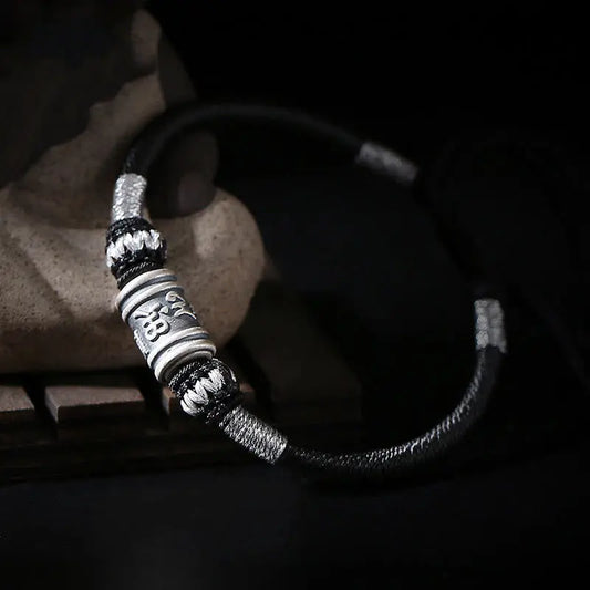 Buddha Stones Black String 999 Sterling Silver Six True Words Creativity Bracelet BS