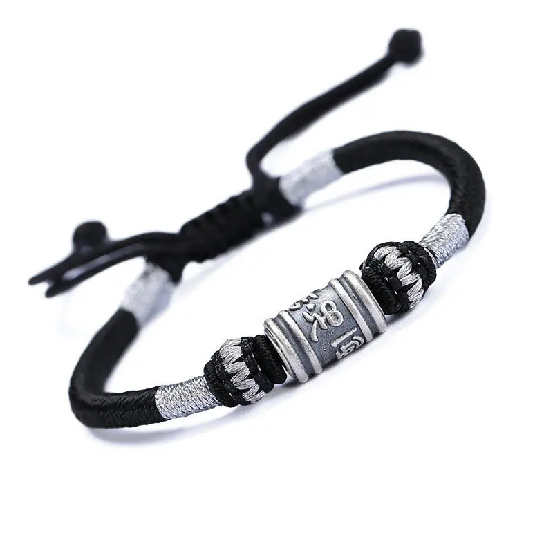 Buddha Stones Black String 999 Sterling Silver Six True Words Creativity Bracelet BS
