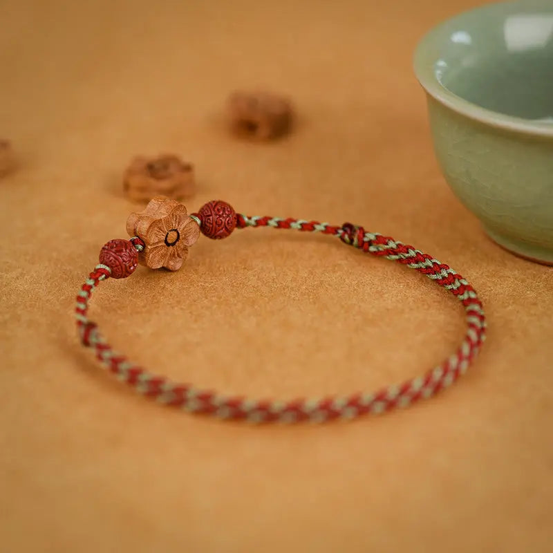 Buddha Stones Peach Wood Small Peach Blossom Cinnabar Wealth String Bracelet Anklet BS